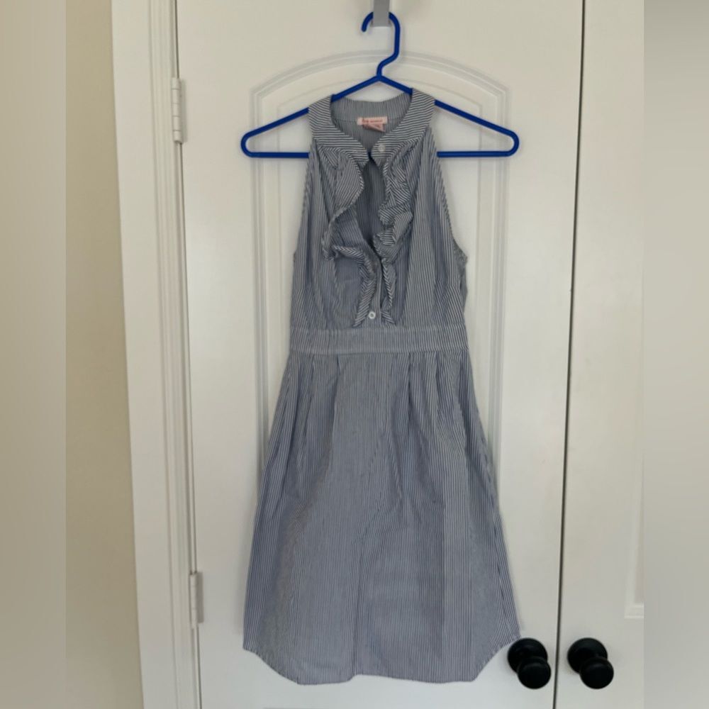 Junior’s Blue and White Striped Seersucker Ruffle Dress